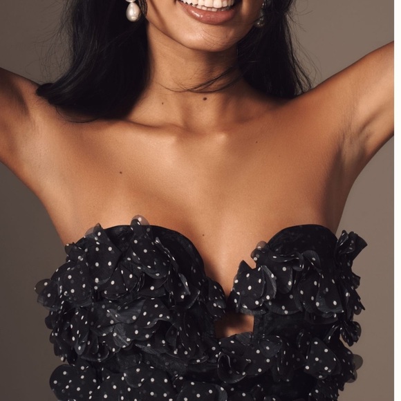 Anthropologie Maeve 3D Floral Black & White Polka Dot Mini Dress - Picture 3 of 10